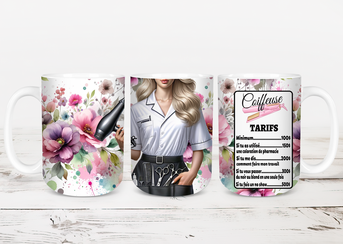 Design tumbler 20oz pour sublimation , Coiffeuse , étiquette tarifs, cheveux blonds