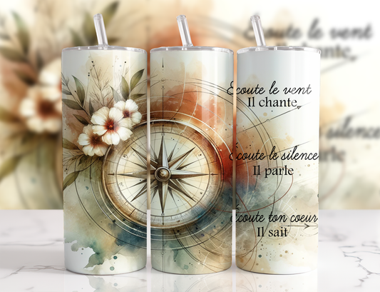 Design tumbler 20oz pour sublimation , Boussole aquarelles citation