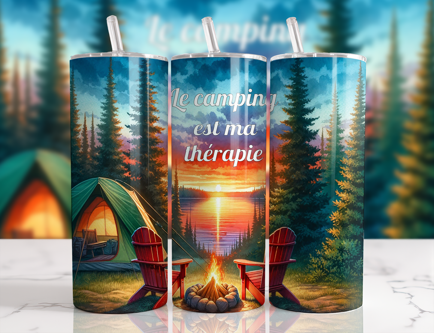 Design tumbler 20oz pour sublimation , La camping est ma thérapie, vue sur le lac