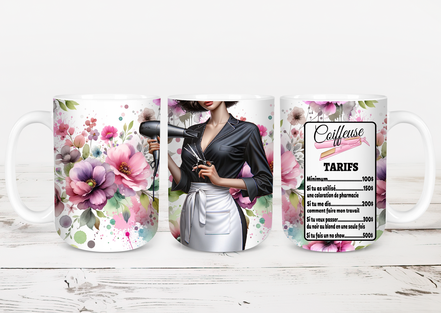 Design tumbler 20oz pour sublimation , Coiffeuse , étiquette tarifs, cheveux bruns