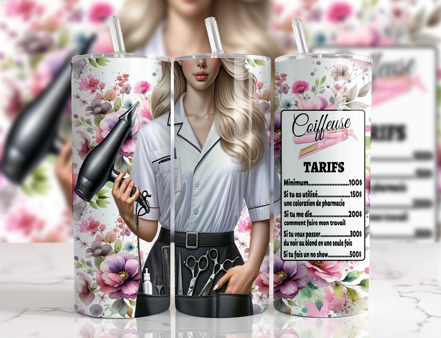 Design tumbler 20oz pour sublimation , Coiffeuse , étiquette tarifs, cheveux blonds