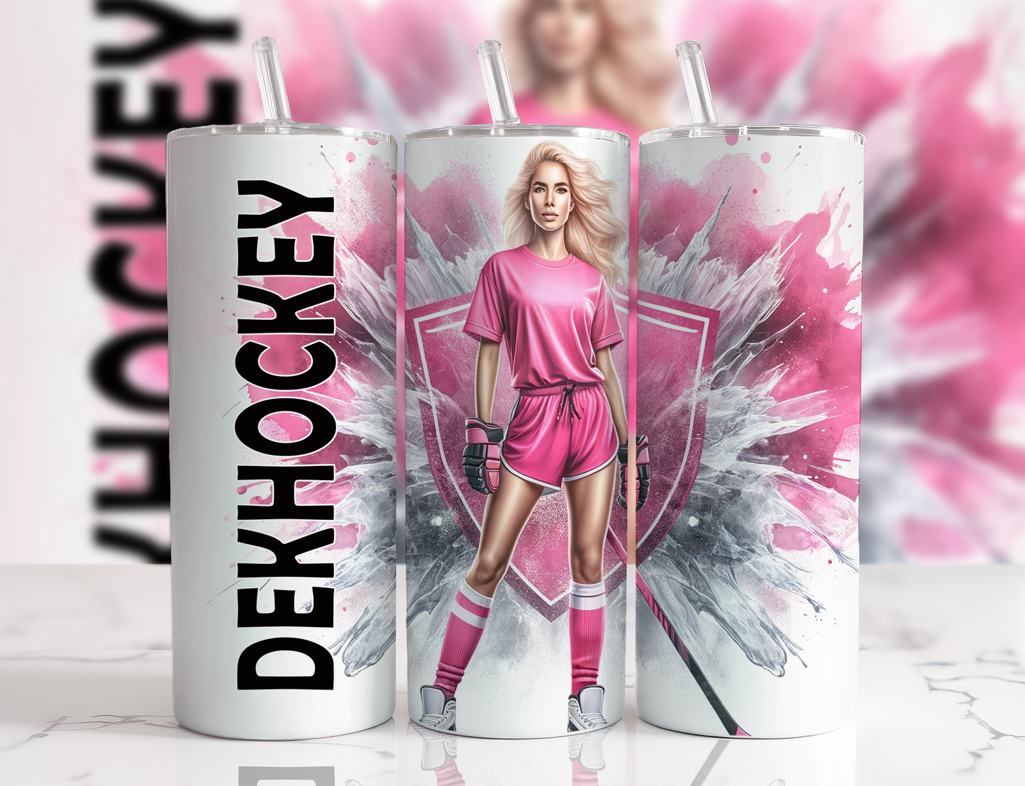 Design tumbler 20oz pour sublimation , Deckhockey, femme cheveux blonds,