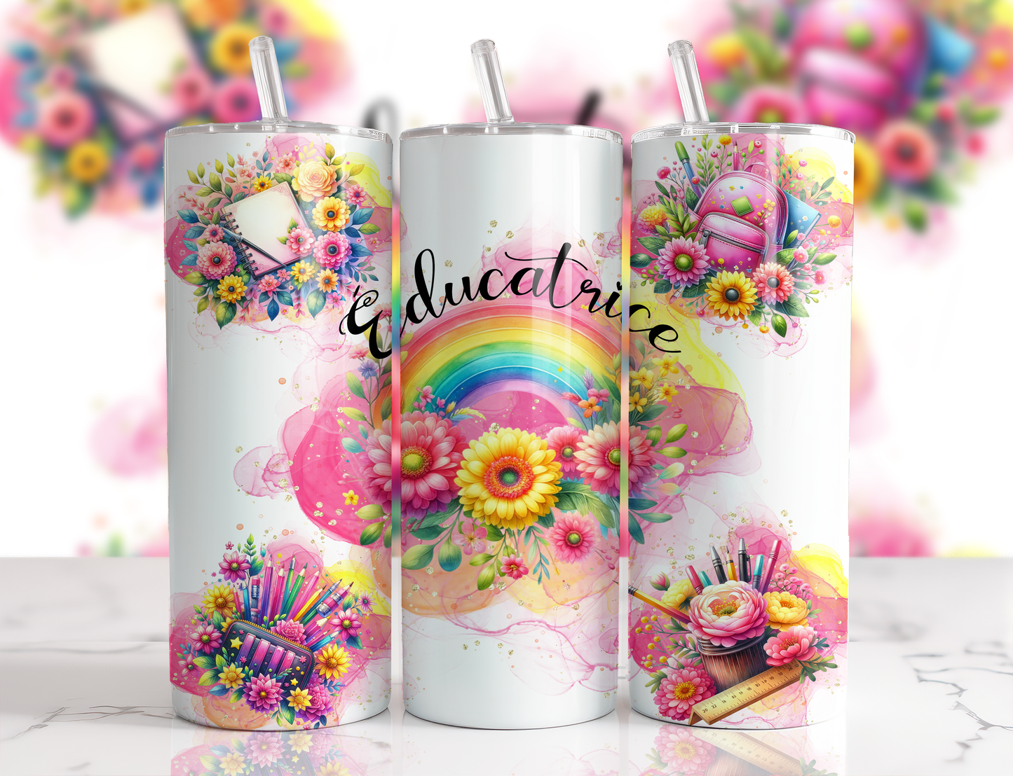 Design Tumblers 20 oz, sublimation. Éducatrice couleurs rose fluo