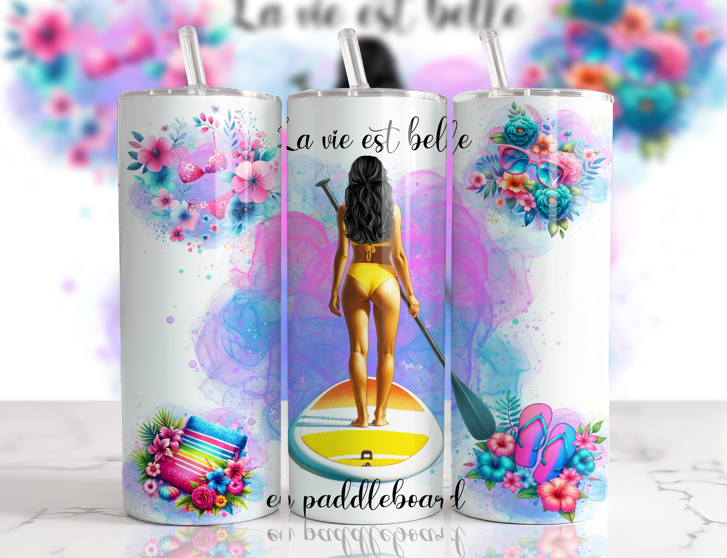 Design tumbler 20oz pour sublimation , Femme cheveux noirs paddleboard