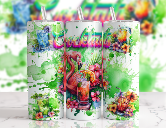 Design tumbler 20oz pour sublimation , Flammant rose , cocktails , aquarelle