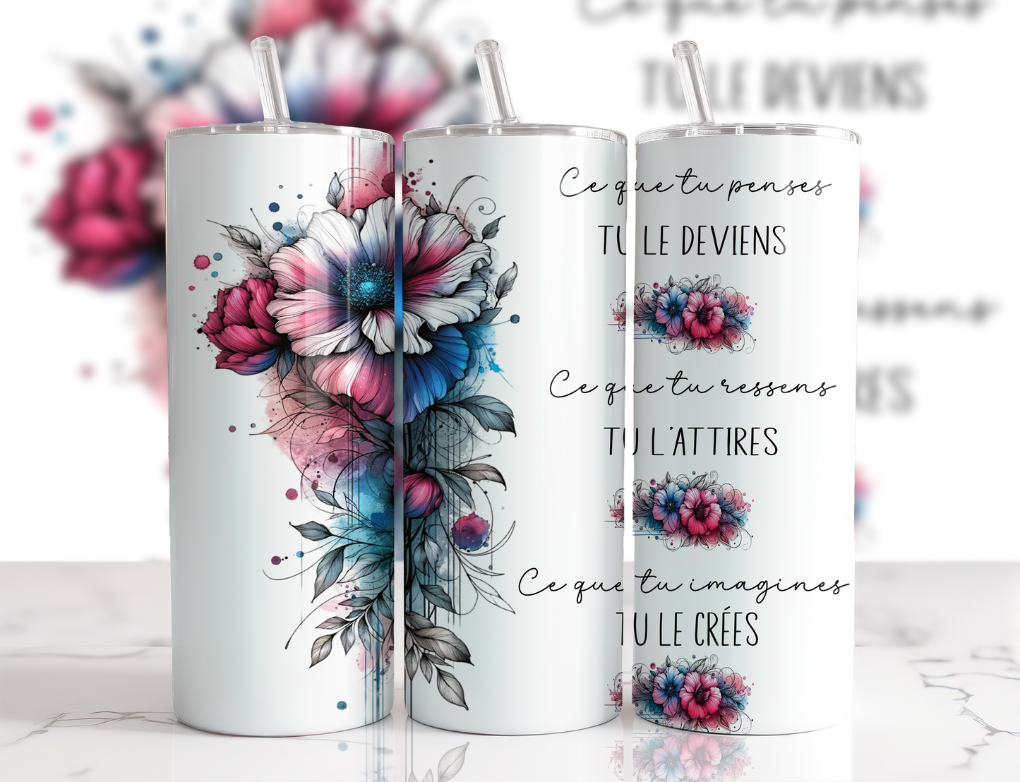 Design tumbler 20oz pour sublimation , Fleurs aquarelles citation