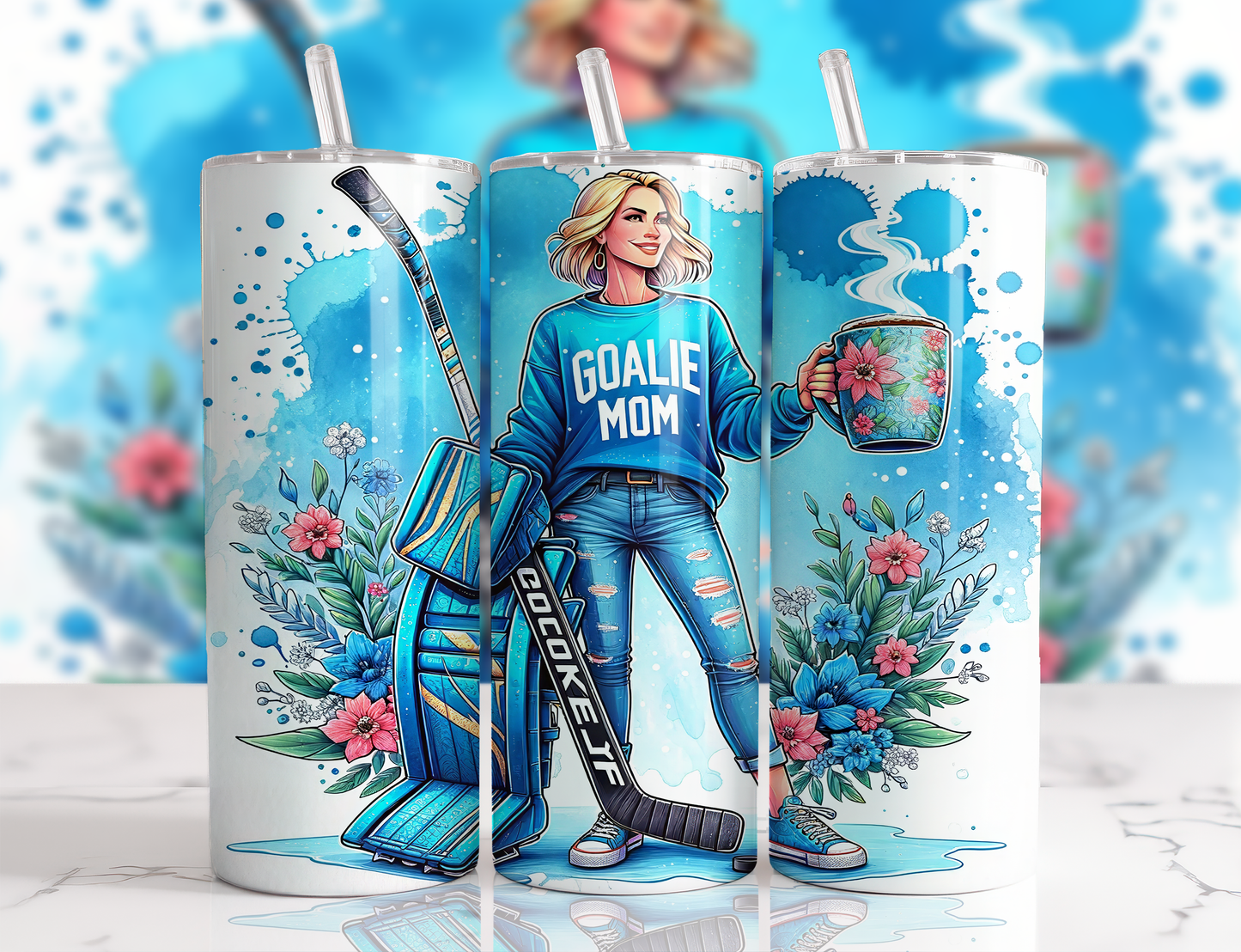 Design tumbler 20oz pour sublimation , Goaliemom, hockey, cheveux blonds