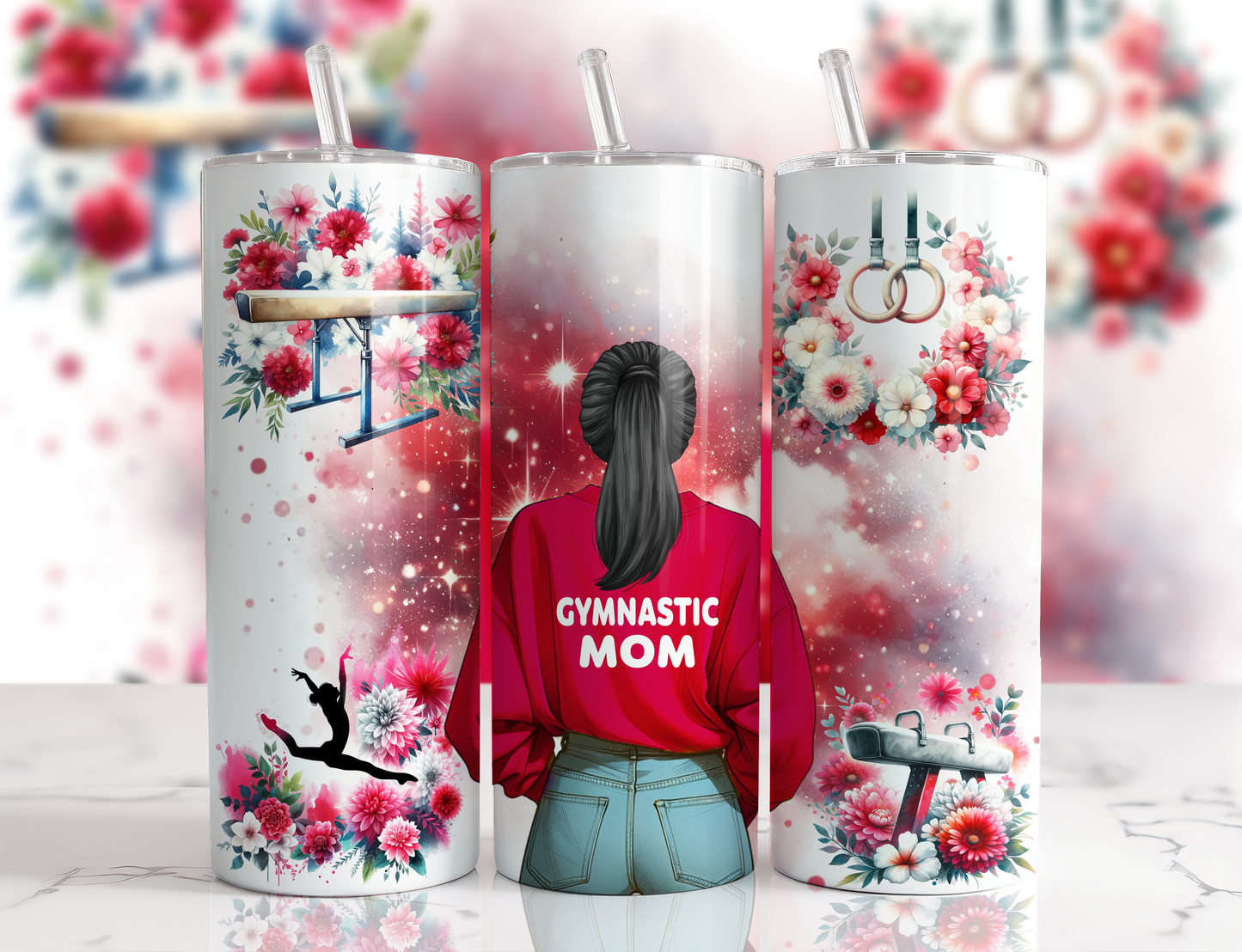 Design tumbler 20oz pour sublimation , GYMNASTIC MOM, cheveux noirs