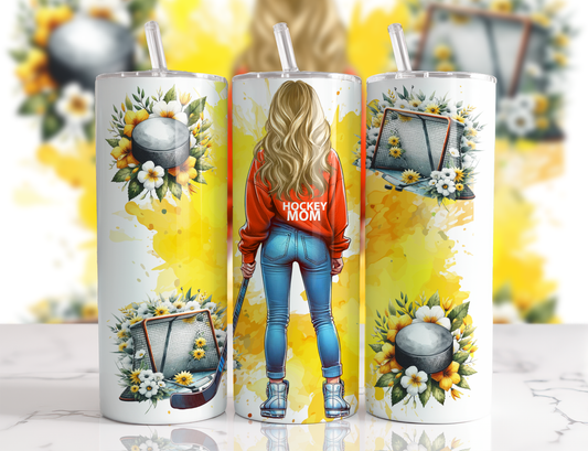 Design tumbler 20oz pour sublimation , HOCKEY MOM, cheveux blonds aquarelle jaune