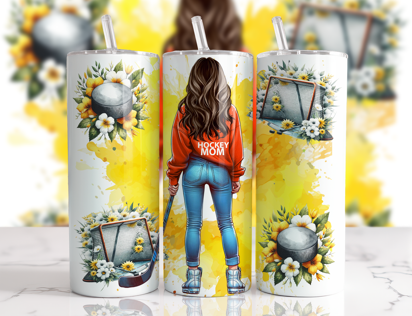 Design tumbler 20oz pour sublimation , HOCKEY MOM, cheveux châtains aquarelle jaune