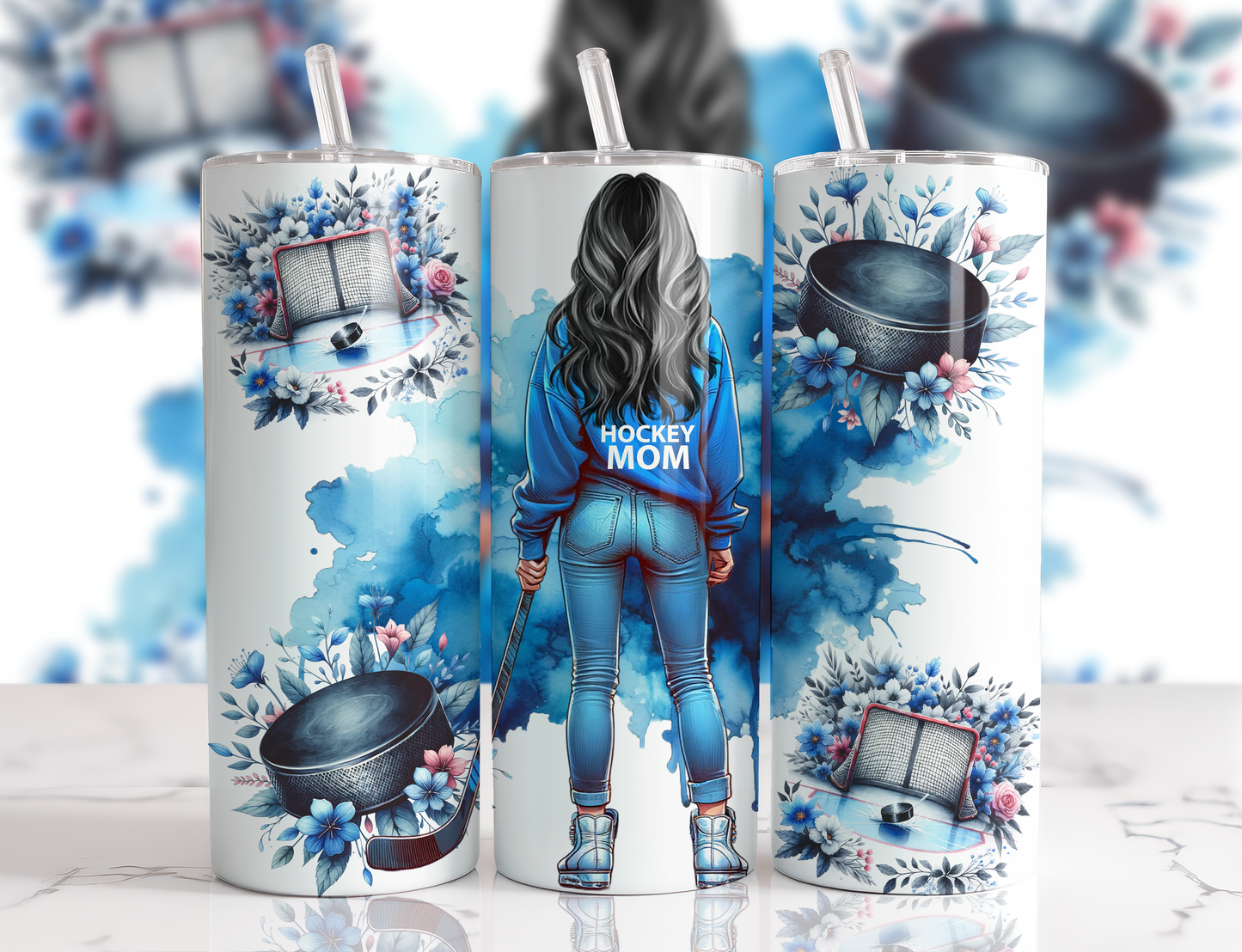 Design tumbler 20oz pour sublimation , HOCKEY MOM, cheveux noirs