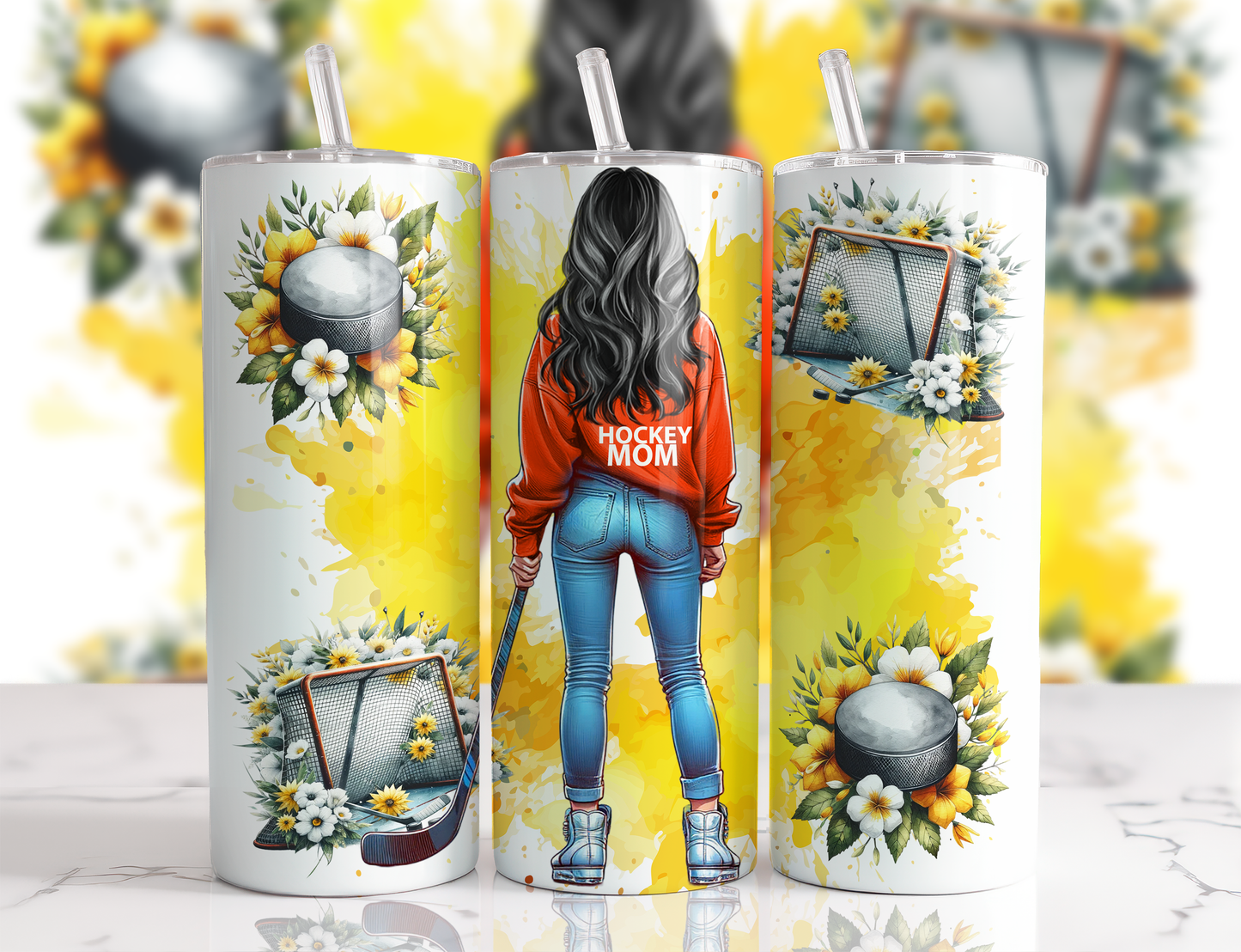 Design tumbler 20oz pour sublimation , HOCKEY MOM, cheveux noirs, aquarelle jaune