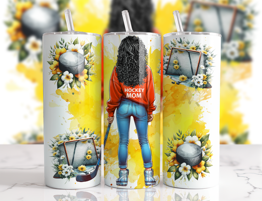 Design tumbler 20oz pour sublimation , HOCKEY MOM, cheveux frisés noirs aquarelle jaune