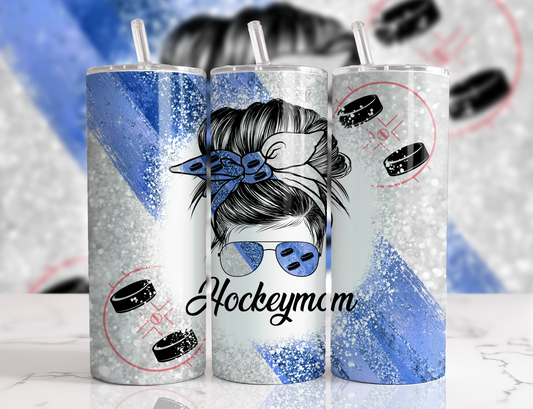 Design tumbler 20oz pour sublimation , Hockeymom, mamanhockey, messy bun glitter bleu