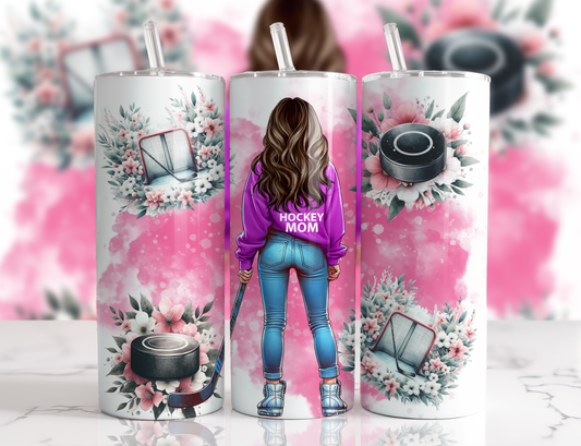 Design tumbler 20oz pour sublimation , HOCKEY MOM, rose, cheveux bruns