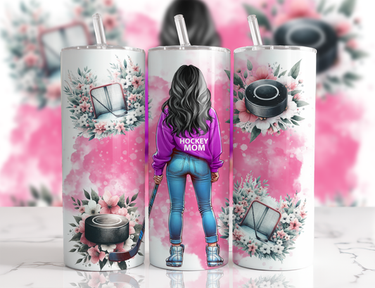 Design tumbler 20oz pour sublimation , HOCKEY MOM, rose, cheveux noirs