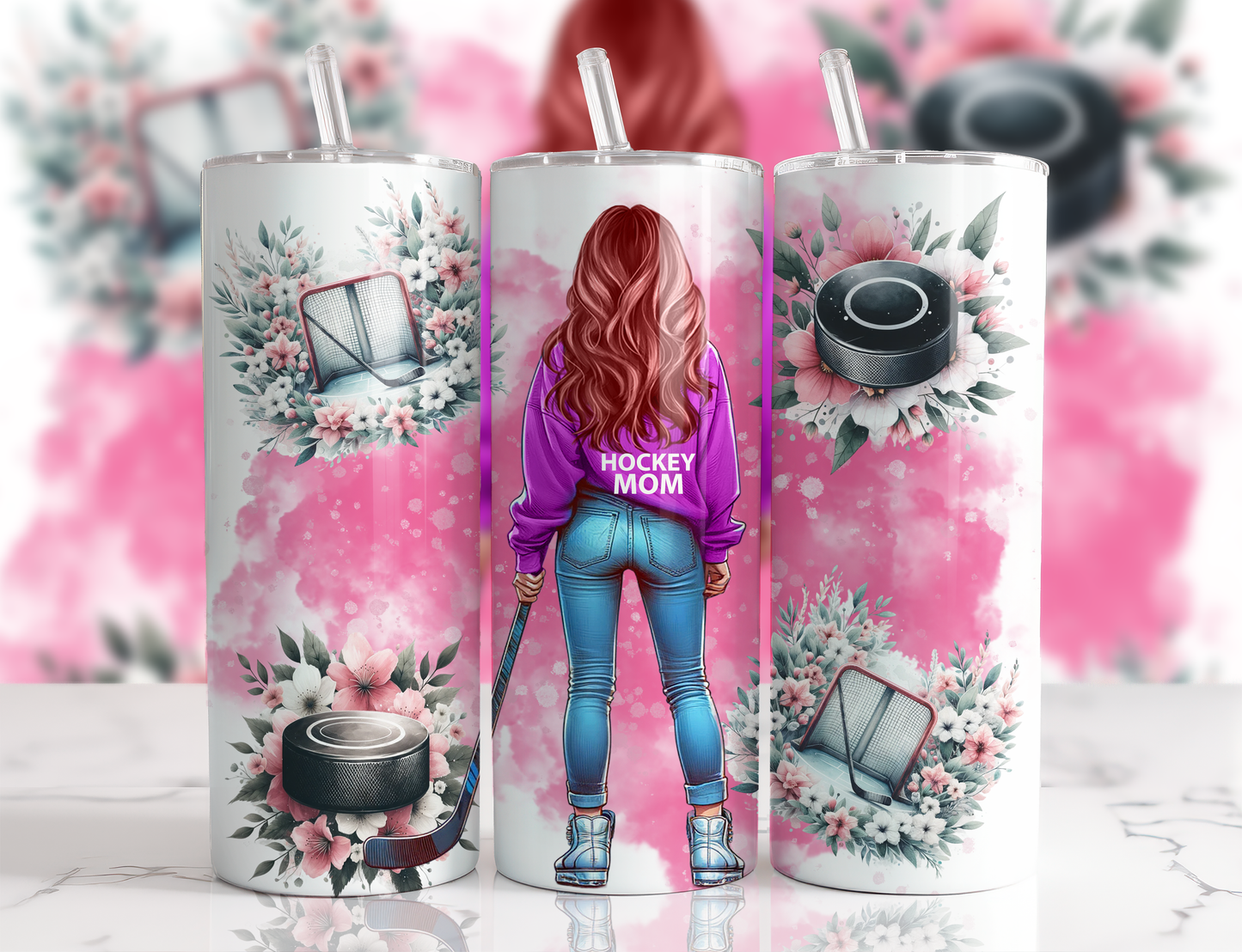 Design tumbler 20oz pour sublimation , HOCKEY MOM, rose, cheveux rouges