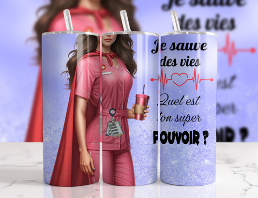 Design tumbler 20oz pour sublimation INFIRMIÈRE, super pouvoir, glitter , cheveux bruns