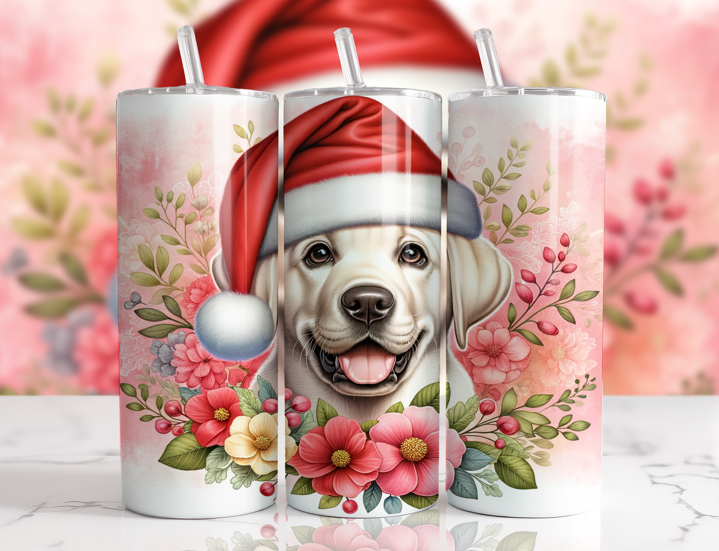 Design tumbler 20oz pour sublimation , Labrador , aquarelle rose, noël