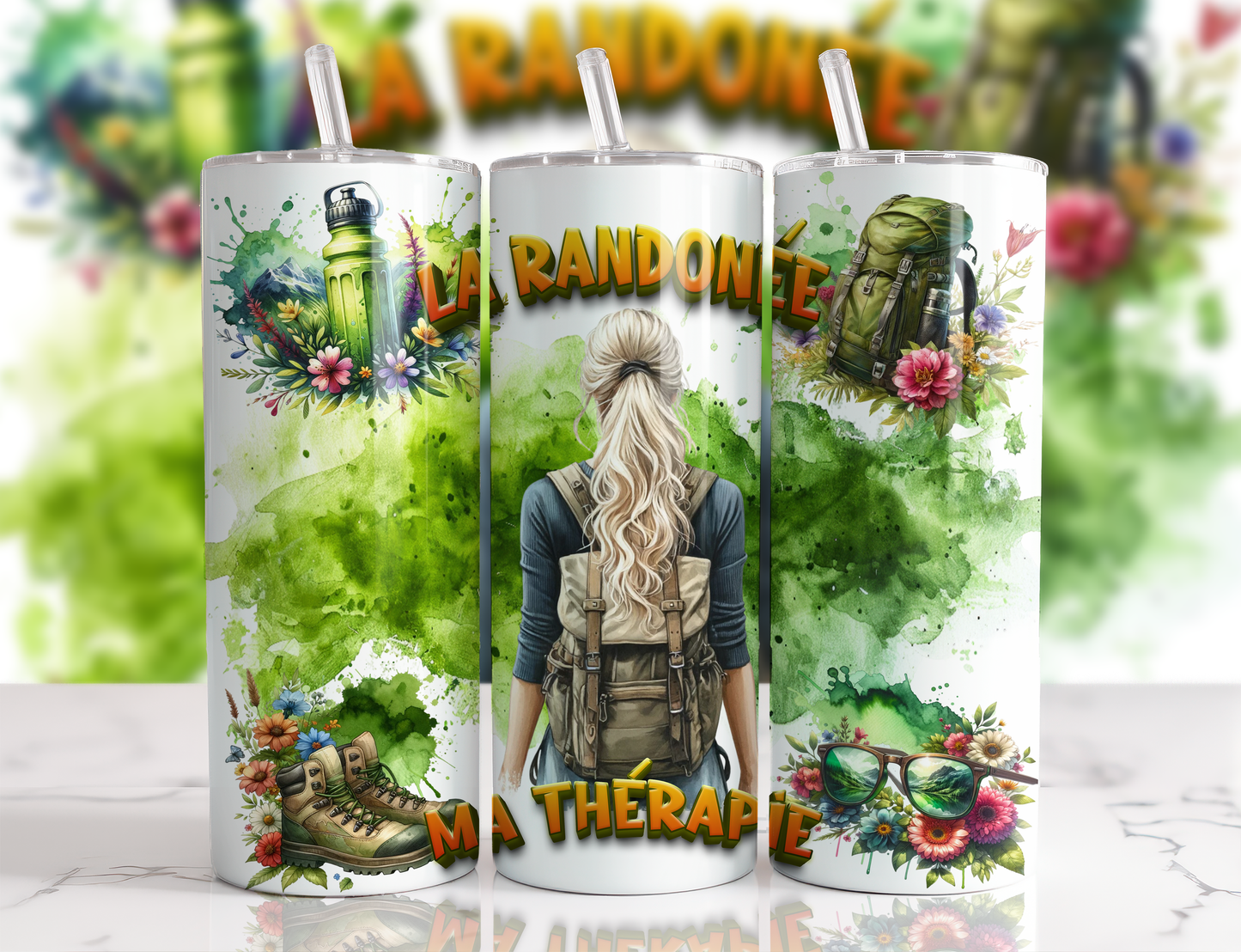 Design tumbler 20oz pour sublimation , LA RANDONNÉE, ma thérapie, femme blonde