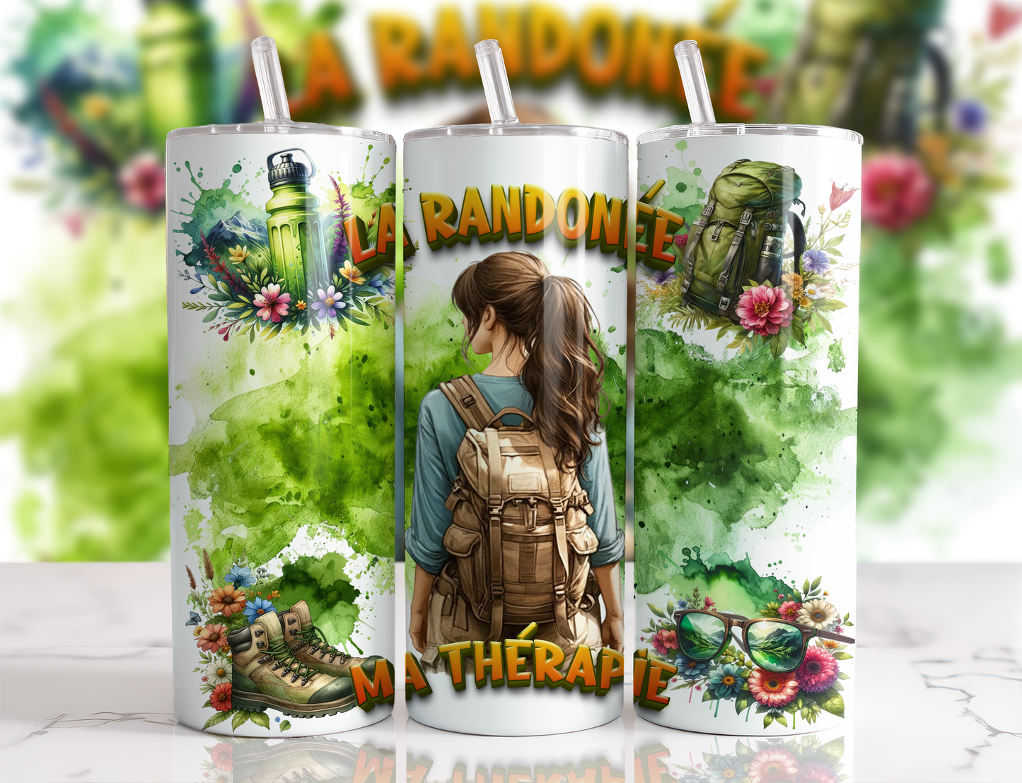 Design tumbler 20oz pour sublimation , LA RANDONNÉE, ma thérapie, femme brune