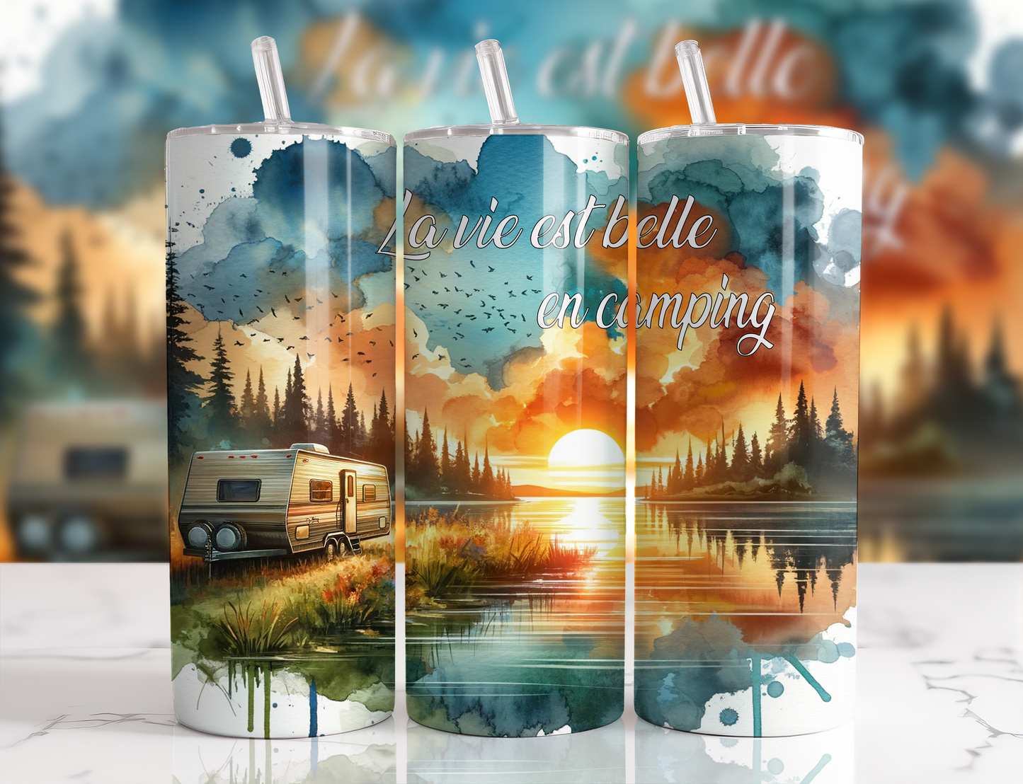 Design tumbler 20oz pour sublimation , La vie est belle en camping, coucher du soleil