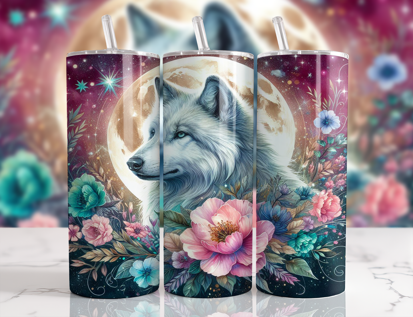 Design tumbler 20oz pour sublimation , Loup, pleine lune , aquarelle fleurs