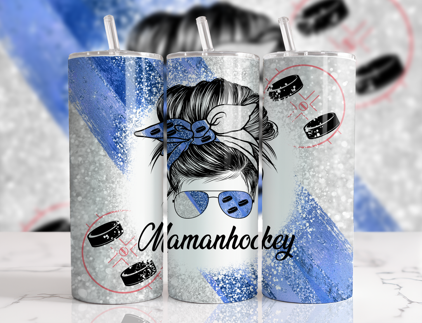 Design tumbler 20oz pour sublimation , Hockeymom, mamanhockey, messy bun glitter bleu