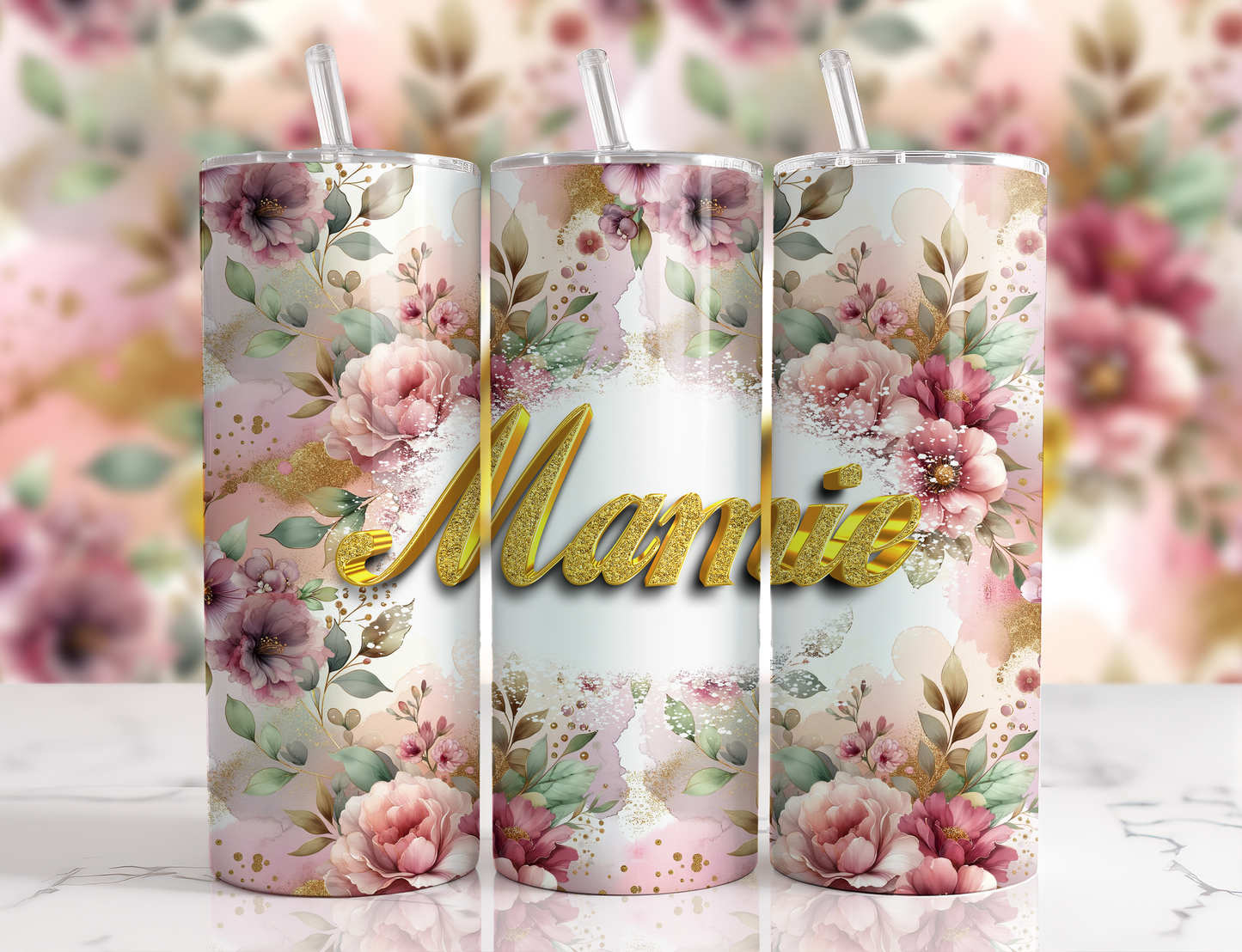 Design tumbler 20oz pour sublimation, MAMIE , fleurs glitter