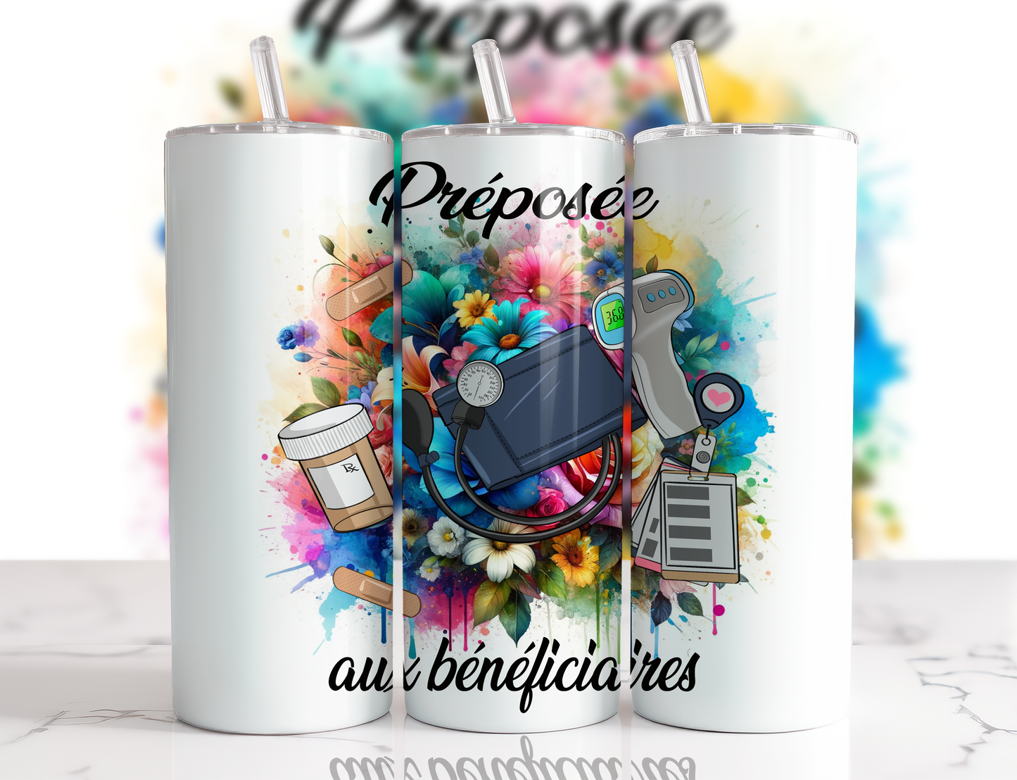 Design tumbler 20oz pour sublimation PRÉPOSÉE AUX BÉNÉFICIAIRES , fleurs multicolores aquarelle