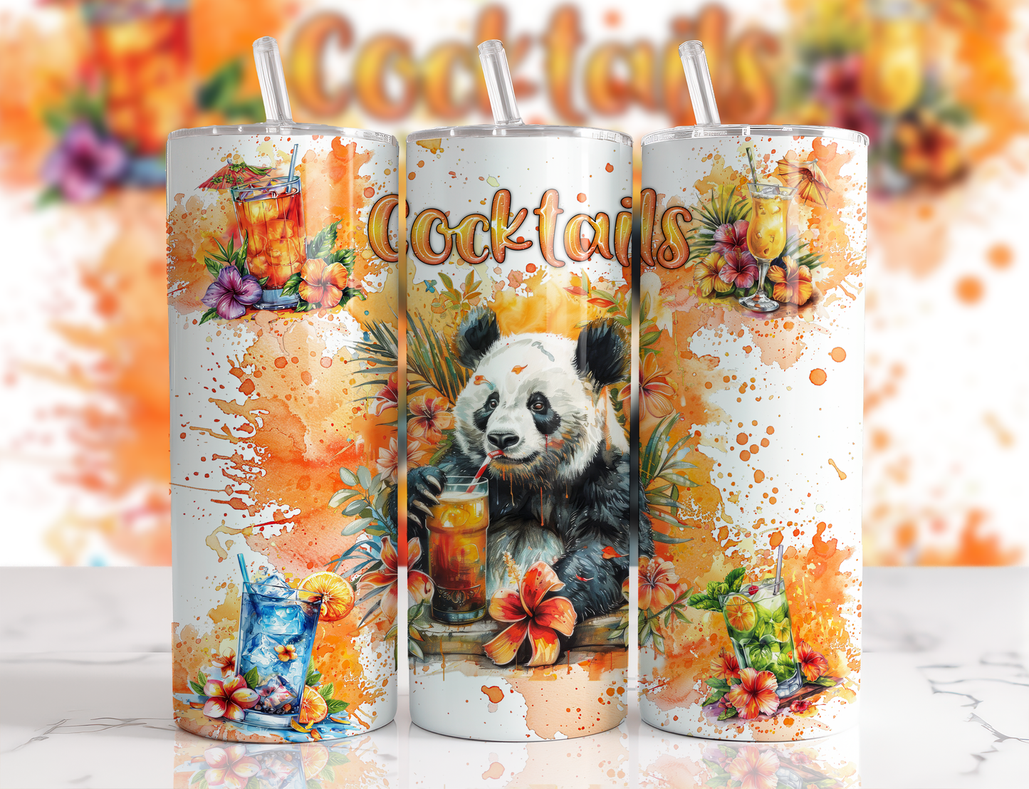 Design tumbler 20oz pour sublimation , Panda , cocktails , aquarelle