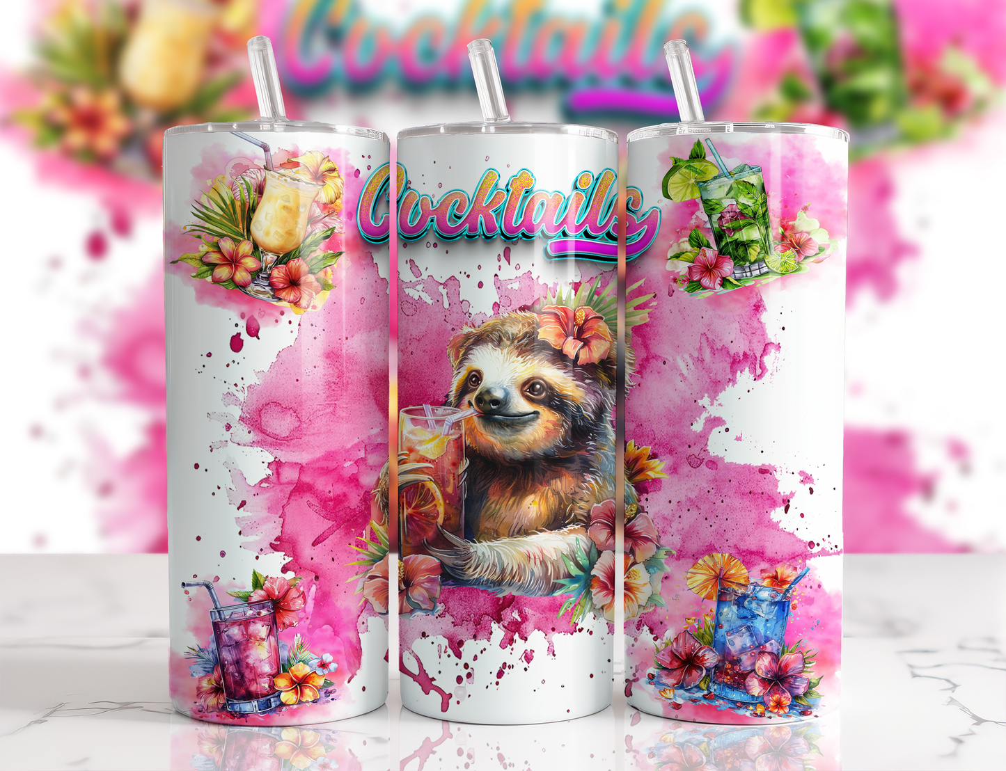 Design tumbler 20oz pour sublimation , Paresseux , cocktails , aquarelle