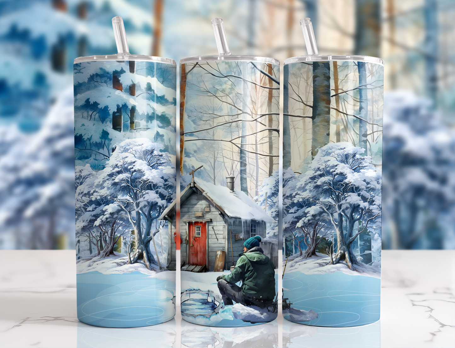 Design tumbler 20oz pour sublimation ,Pêche sur glace,hiver ,neige