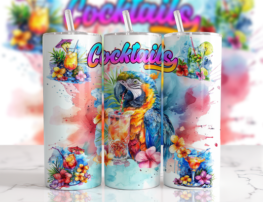 Design tumbler 20oz pour sublimation , Perroquet , cocktails , aquarelle