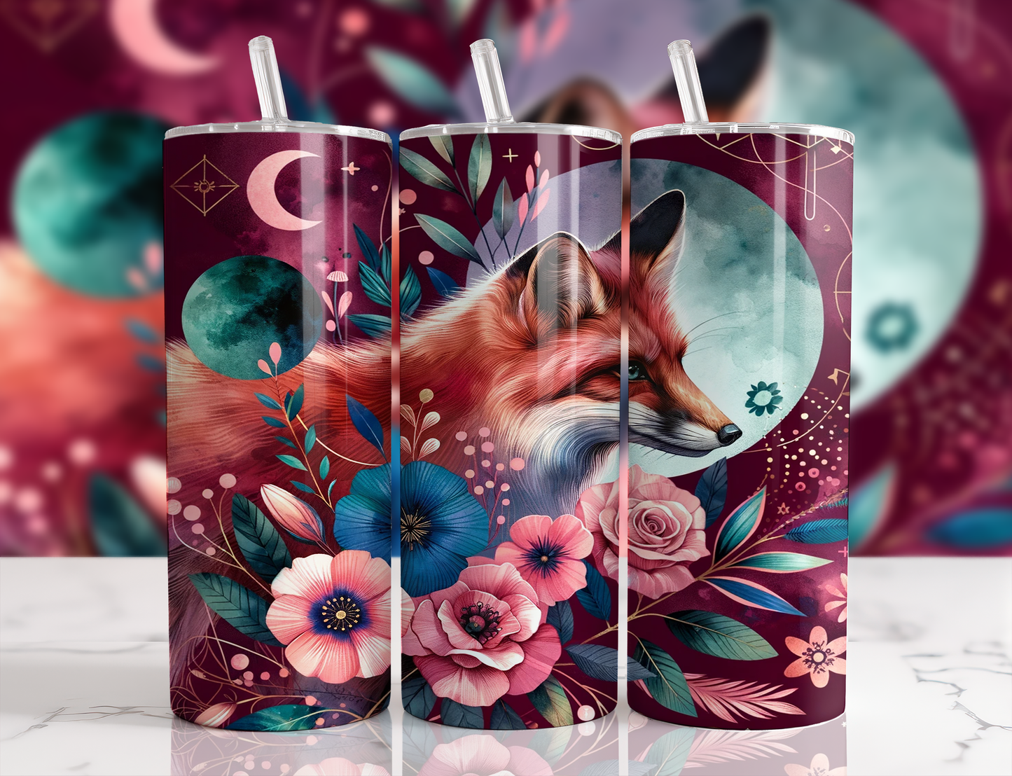 Design tumbler 20oz pour sublimation , Renard , aquarelle fleurs