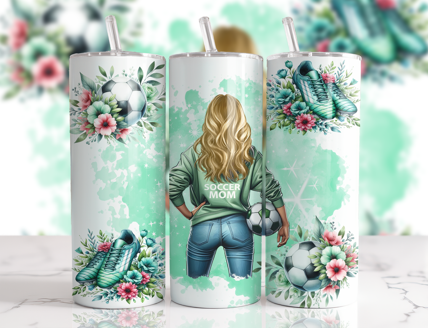 Design tumbler 20oz pour sublimation , SOCCER MOM, cheveux blonds