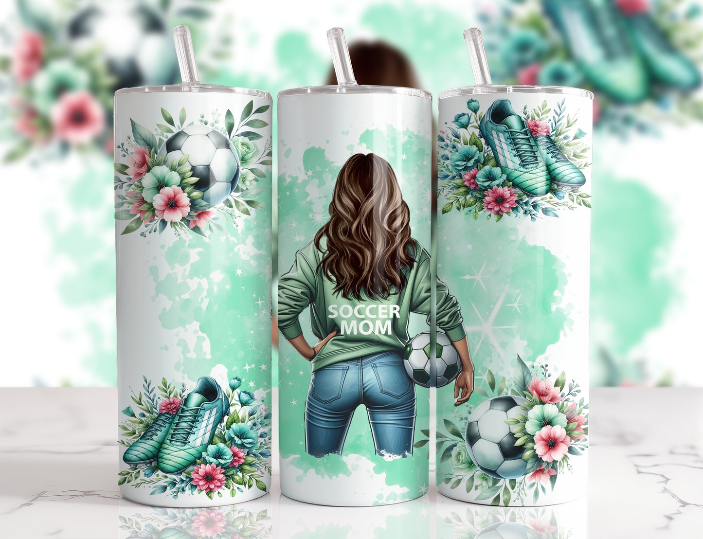 Design tumbler 20oz pour sublimation , SOCCER MOM, cheveux bruns