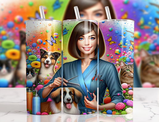 Design tumbler 20oz pour sublimation , Toiletteuse animaux , cheveux bruns