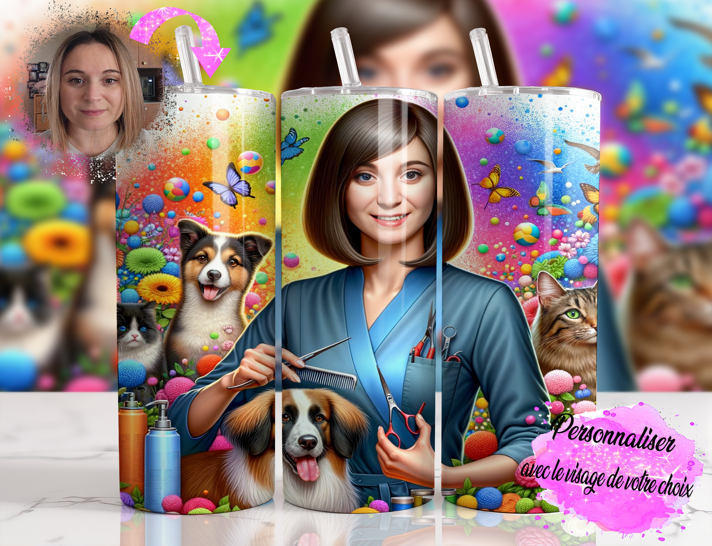 Design tumbler 20oz pour sublimation , Toiletteuse animaux , cheveux bruns