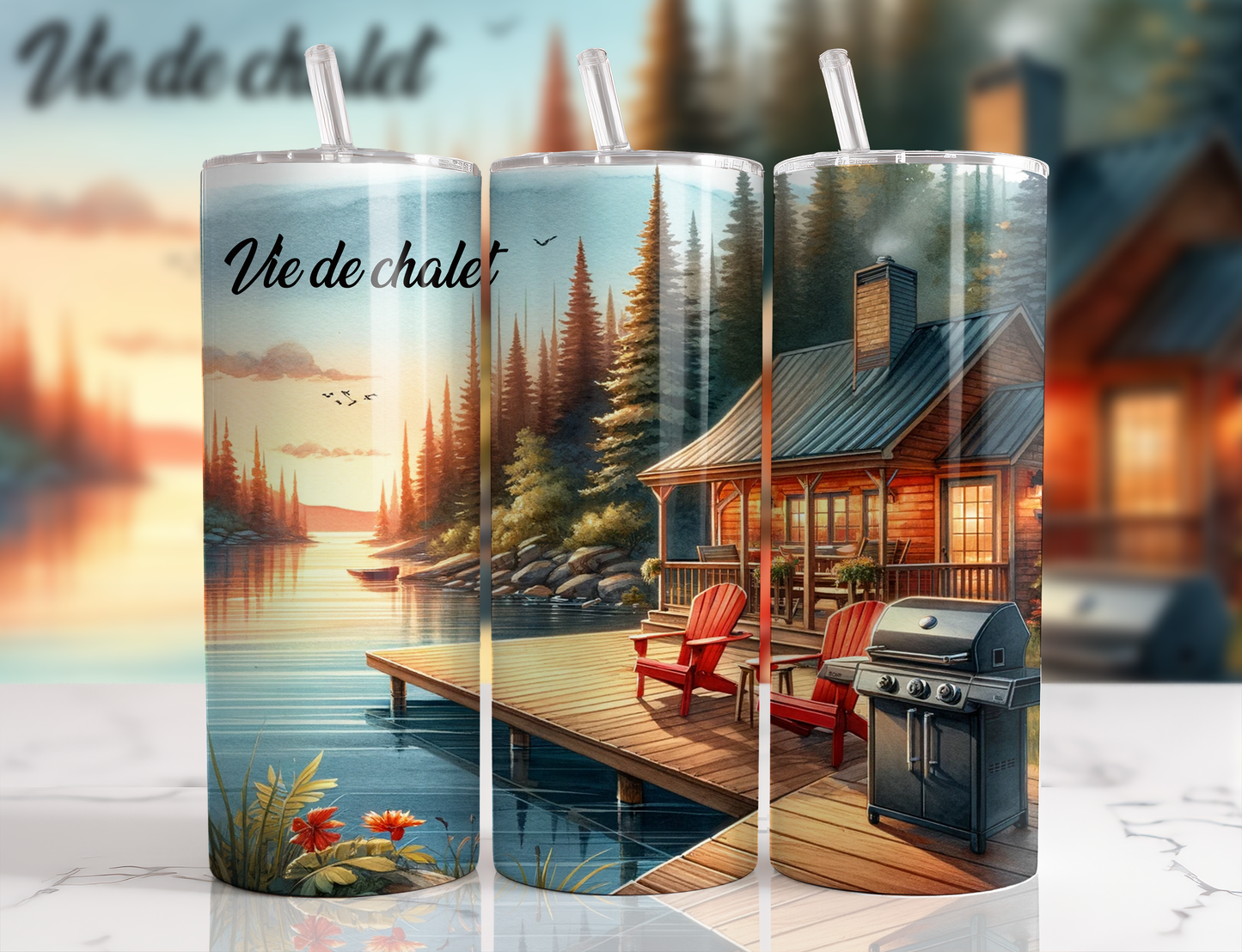 Design tumbler 20oz pour sublimation , Vie de chalet, bord du lac