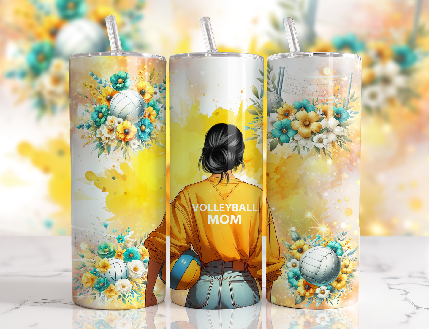 Design tumbler 20oz pour sublimation , VOLLEYBALLMOM, cheveux noirs