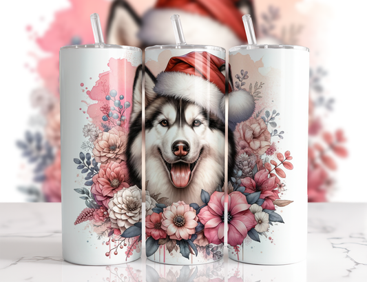 Design tumbler 20oz pour sublimation , HUSKY , aquarelle rose, noël