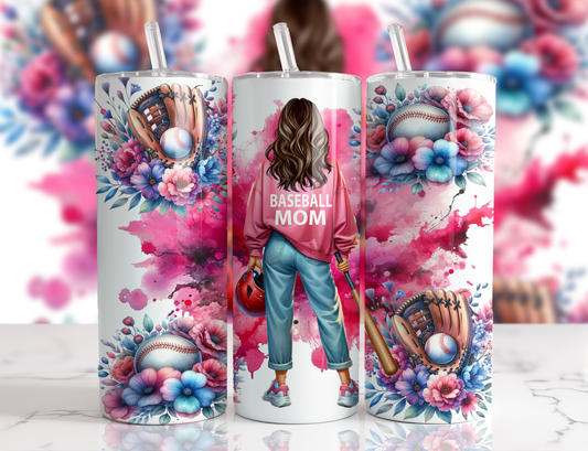 Design tumbler 20oz pour sublimation , BASEBALL MOM, cheveux bruns,