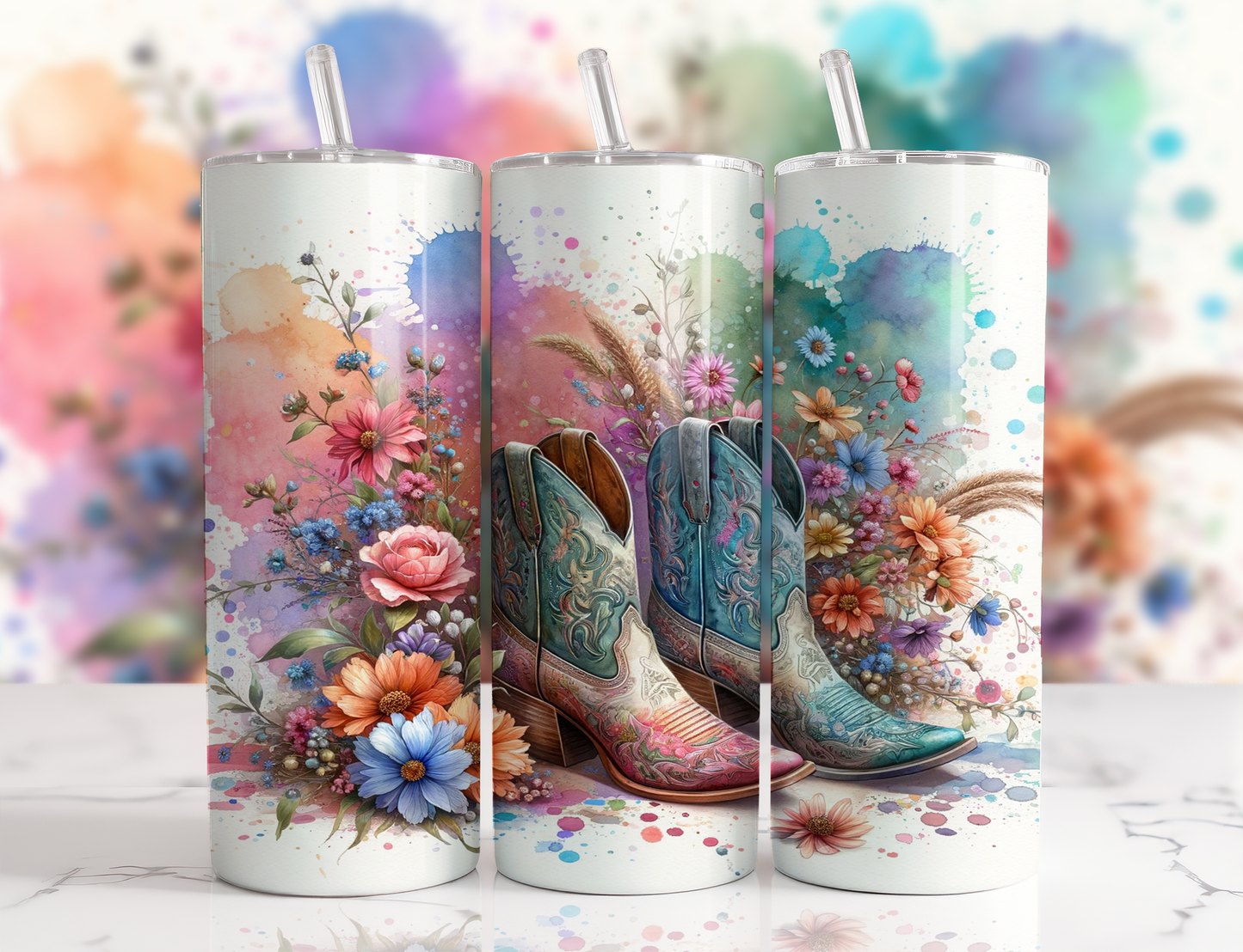 Design tumbler 20oz pour sublimation ,  Botte cowgirl aquarelle