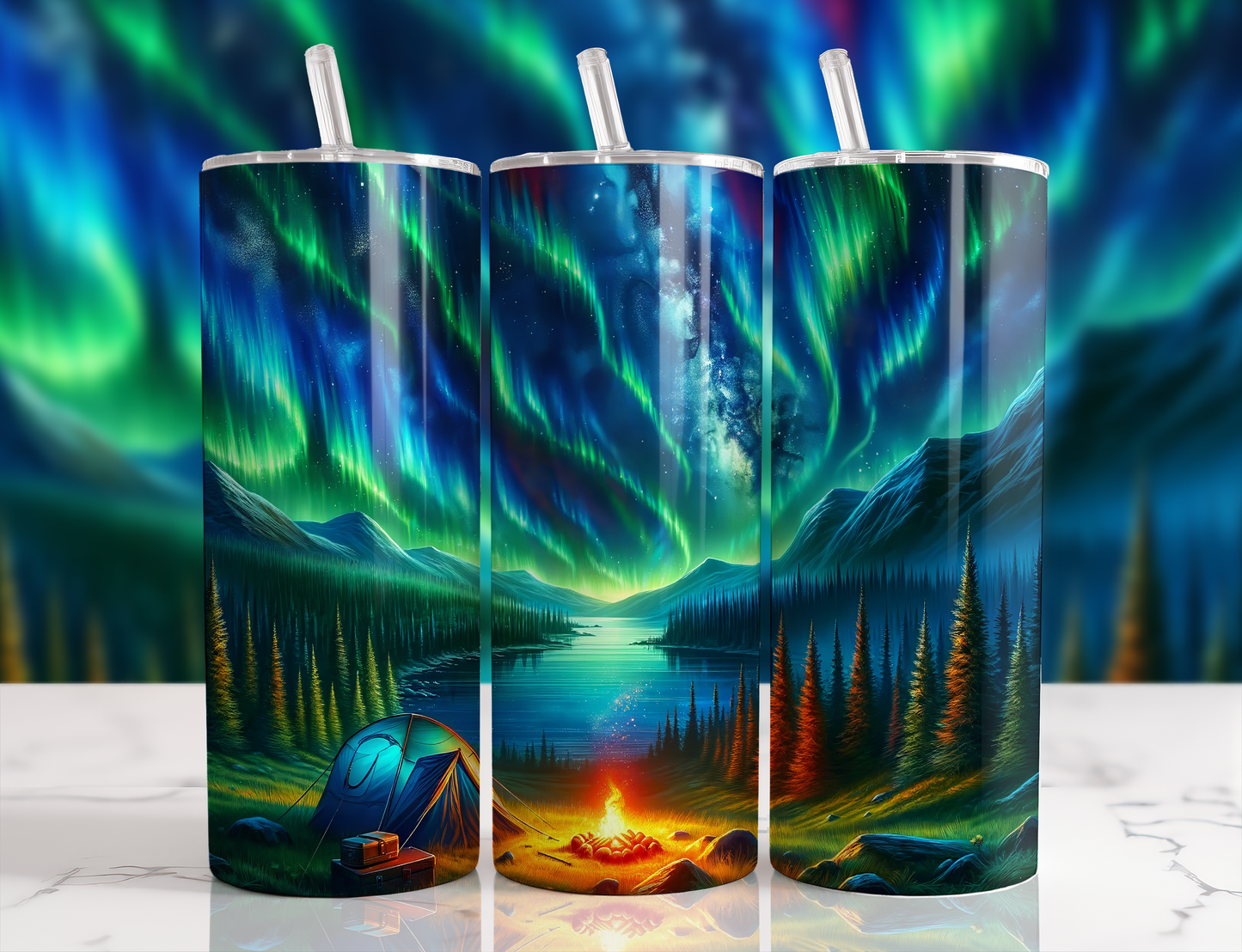 Design tumbler 20oz pour sublimation , Camping aurores boréales