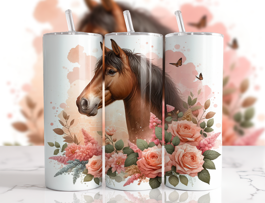 Design tumbler 20oz pour sublimation , Cheval brun , aquarelle fleurs