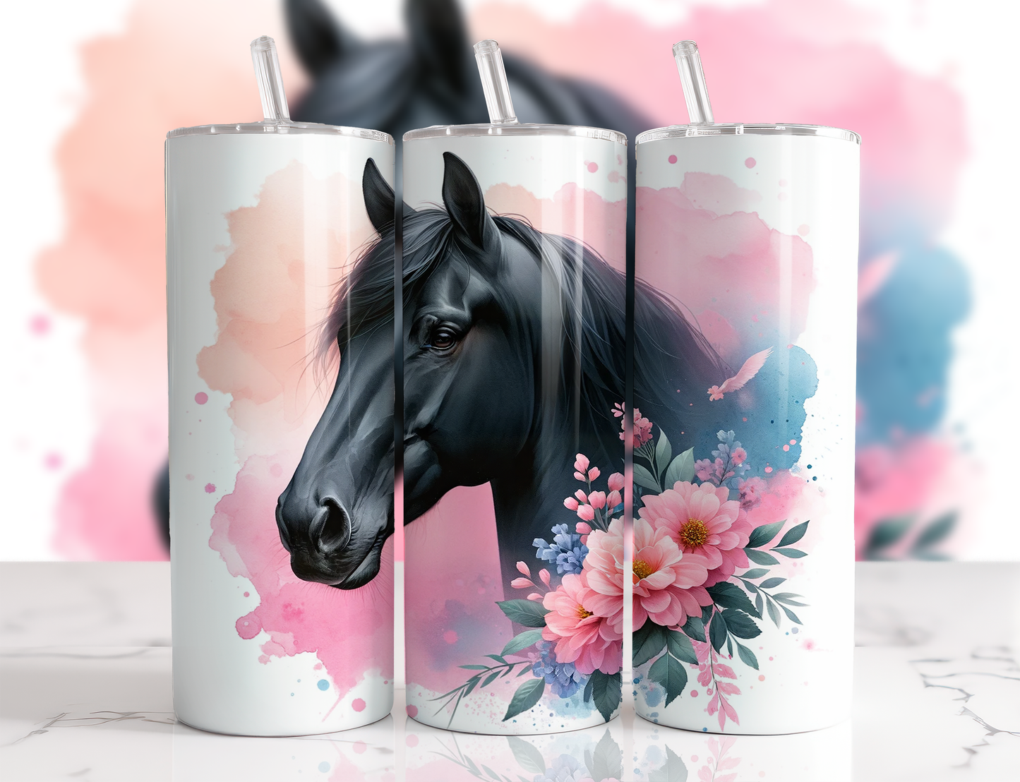 Design tumbler 20oz pour sublimation , Cheval noir , aquarelle fleurs