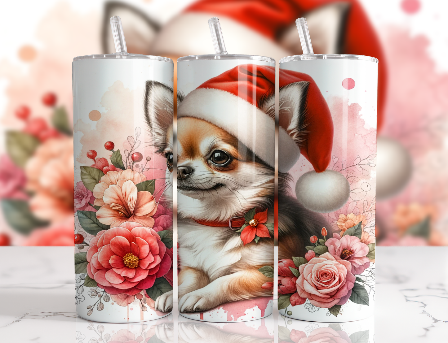 Design tumbler 20oz pour sublimation , chihuahua , aquarelle rose, noël