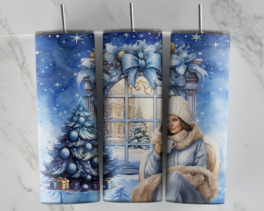 Design tumbler 20oz pour sublimation,  Cosy noël bleu, femme brune