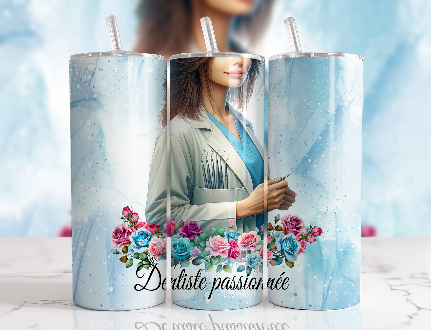 Design tumbler 20oz pour sublimation , Dentiste passionnée , femme cheveux bruns